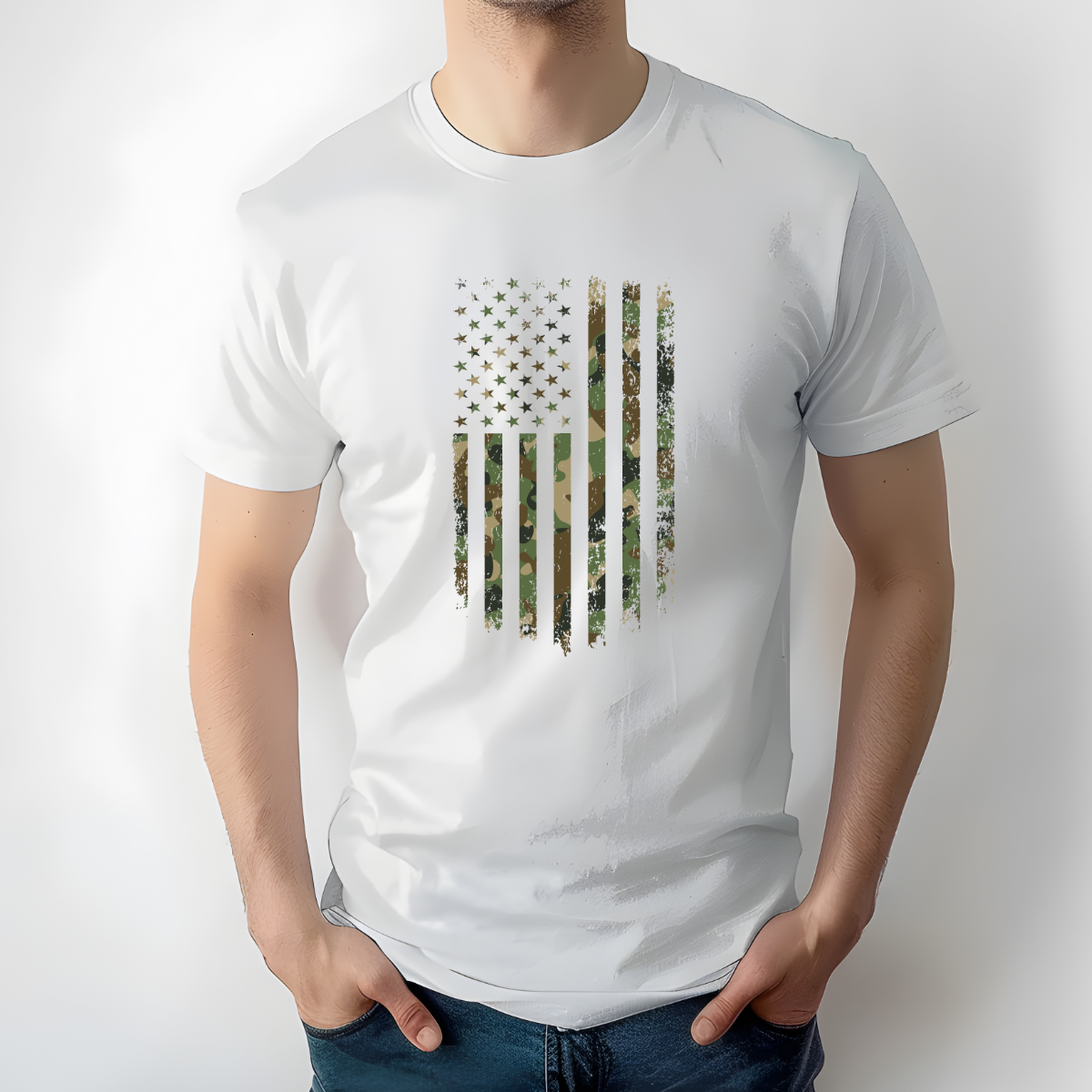 Camiseta blanca con bandera militar de EE. UU., 83661409, transferencia DTF. Solo transferencia DTF, no incluye prenda.