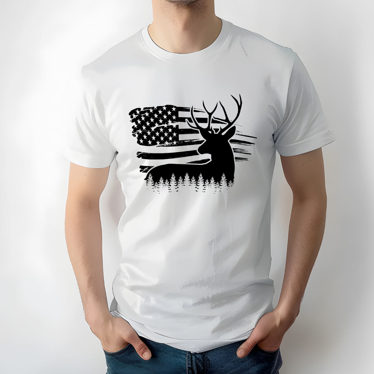 Buck-Deer-Forest-American-Flag-10779994 DTF Transfer. DTF transfer Only No Garment.